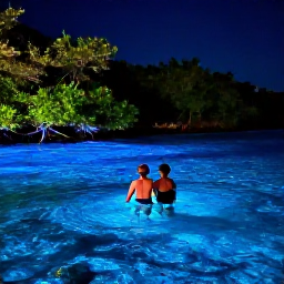 Caribbean Holidays, Puerto Rico Couples, Couple swimming in a glowing bioluminescent bay at night in Puerto Rico, magical blue water and surrounding mangroves
