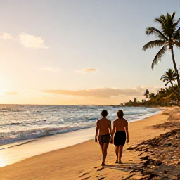 Caribbean Holidays, Puerto Rico Couples, Couple walking along a golden beach in Puerto Rico at sunset, calm Caribbean sea and palm trees
