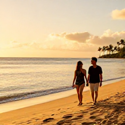 Caribbean Holidays, Puerto Rico Couples, Couple walking along a golden beach in Puerto Rico at sunset, calm Caribbean sea, warm October light