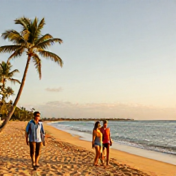 Caribbean Holidays, Puerto Rico Couples, Couple walking along a golden sandy beach in Puerto Rico at sunset, calm Caribbean sea and palm trees