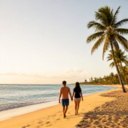 Caribbean Holidays, Puerto Rico Couples, Couple walking hand in hand along a golden beach in Puerto Rico at sunset, calm turquoise sea and palm trees