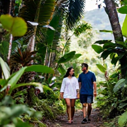 Caribbean Holidays, Puerto Rico Couples, Couple walking through lush El Yunque National Forest in Puerto Rico, tropical plants, mountain trail and soft filtered sunlight
