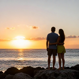 Caribbean Holidays, Puerto Rico Couples, Couple watching a golden sunset beside the sea in San Juan, Puerto Rico