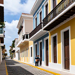 Caribbean Holidays, Puerto Rico Couples, Old San Juan street with colourful colonial buildings, cobbled pavement, balconies and a couple exploring