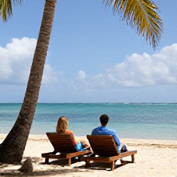 Caribbean Holidays, Puerto Rico Couples, Romantic beach scene in Puerto Rico with two loungers, palm trees and calm turquoise water