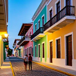 Caribbean Holidays, Puerto Rico Couples, Romantic cobbled street in Old San Juan, colourful colonial buildings, balconies and a couple exploring in the evening