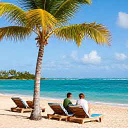 Caribbean Holidays, Puerto Rico Couples, Romantic couple enjoying a quiet Puerto Rican beach with palm trees, turquoise water and shaded loungers