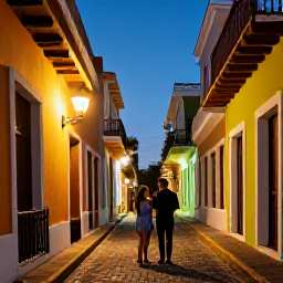 Caribbean Holidays, Puerto Rico Couples, Romantic evening in Old San Juan, Puerto Rico, with colourful colonial buildings, cobbled streets and warm lantern light
