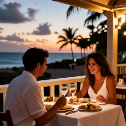 Caribbean Holidays, Puerto Rico Couples, Romantic outdoor dinner for two at a Puerto Rican restaurant at sunset, with local food, soft lights and a tropical evening atmosphere