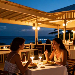 Caribbean Holidays, Puerto Rico Couples, Romantic outdoor restaurant in Puerto Rico at dusk, couple dining with local food and warm lights