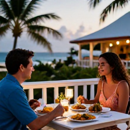 Caribbean Holidays, Puerto Rico Couples, Romantic Puerto Rican dinner for two on a lively terrace, local dishes, soft evening lighting and tropical surroundings