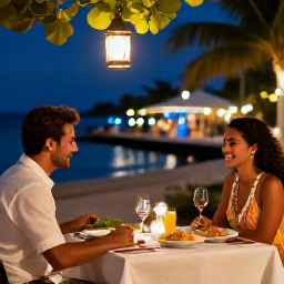 Caribbean Holidays, Puerto Rico Couples, Romantic Puerto Rico evening with a couple dining outdoors, local dishes, lantern light and a lively Caribbean atmosphere