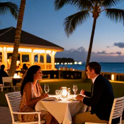 Caribbean Holidays, Puerto Rico Couples, Romantic Puerto Rico evening with a couple dining outdoors, warm lights, palm trees and tropical atmosphere