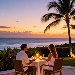 Caribbean Holidays, Puerto Rico Couples, Romantic Puerto Rico hotel terrace overlooking the ocean at sunset, candlelit table and tropical evening atmosphere