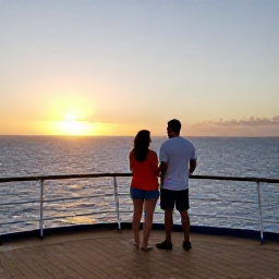 Caribbean Holidays, Puerto Rico Cruises, A couple enjoying sunset on the deck of a Caribbean cruise ship near Puerto Rico, with warm evening light and calm sea
