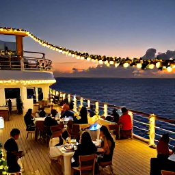 Caribbean Holidays, Puerto Rico Cruises, A cruise ship deck decorated for Christmas in the Caribbean, with warm lights, guests dining outdoors and a sunset over the ocean