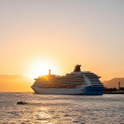 Caribbean Holidays, Puerto Rico Cruises, A cruise ship departing San Juan harbour at sunset, with the Puerto Rico coastline glowing in warm evening light