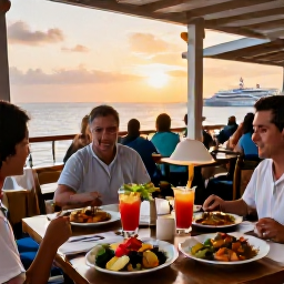 Caribbean Holidays, Puerto Rico Cruises, A friendly Puerto Rican waterfront restaurant at sunset, with colourful local dishes, tropical drinks and cruise passengers enjoying dinner