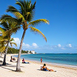 Caribbean Holidays, Puerto Rico Cruises, A golden Puerto Rican beach with palm trees, turquoise water and travellers relaxing under the March sun