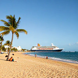 Caribbean Holidays, Puerto Rico Cruises, A golden sandy beach near San Juan, Puerto Rico, with palm trees, calm turquoise water and visitors relaxing in the sunshine