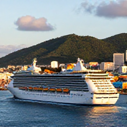 Caribbean Holidays, Puerto Rico Cruises, A modern cruise ship sailing into San Juan harbour at sunrise, with colourful colonial buildings and green hills in the background