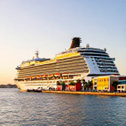 Caribbean Holidays, Puerto Rico Cruises, A modern cruise ship sailing into San Juan harbour at sunrise, with colourful colonial buildings, palm trees and calm Caribbean water