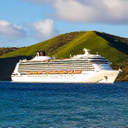 Caribbean Holidays, Puerto Rico Cruises, A modern cruise ship sailing past the green hills and bright coastline of Puerto Rico in warm February sunshine