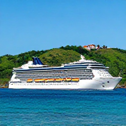 Caribbean Holidays, Puerto Rico Cruises, A modern cruise ship sailing past the green hills and turquoise coastline of Puerto Rico in bright July sunshine