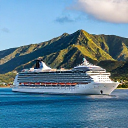Caribbean Holidays, Puerto Rico Cruises, A modern cruise ship sailing past the green mountains and bright coastline of Puerto Rico in warm November sunshine