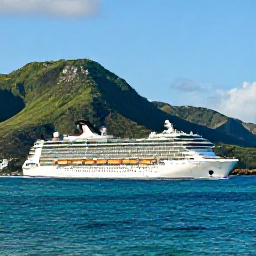 Caribbean Holidays, Puerto Rico Cruises, A modern cruise ship sailing past the green mountains and turquoise coastline of Puerto Rico in bright August sunshine