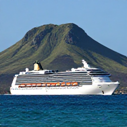 Caribbean Holidays, Puerto Rico Cruises, A modern cruise ship sailing past the green mountains and turquoise coastline of Puerto Rico in bright January sunshine