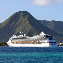 Caribbean Holidays, Puerto Rico Cruises, A modern cruise ship sailing past the green mountains and turquoise coastline of Puerto Rico in bright June sunshine