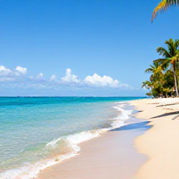 Caribbean Holidays, Puerto Rico Cruises, A peaceful Puerto Rican beach with clear turquoise water, soft sand and palm trees under a blue sky