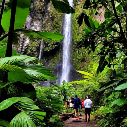 Caribbean Holidays, Puerto Rico Cruises, A Puerto Rican rainforest excursion with lush green plants, a small waterfall and visitors walking along a forest trail