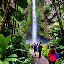 Caribbean Holidays, Puerto Rico Cruises, A Puerto Rico cruise excursion through lush rainforest, with a waterfall, tropical plants and travellers exploring a scenic trail