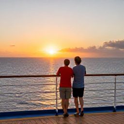 Caribbean Holidays, Puerto Rico Cruises, A relaxed couple viewing the sunset from the deck of a Caribbean cruise ship with Puerto Rico on the horizon