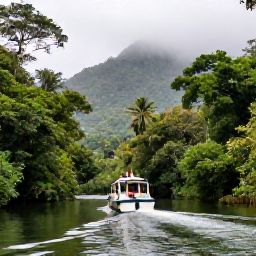 Caribbean Holidays, Puerto Rico Cruises, A small boat moving through the lush waterways of El Yunque National Forest in Puerto Rico, surrounded by tropical greenery and misty mountains