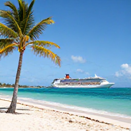 Caribbean Holidays, Puerto Rico Cruises, A tropical Caribbean island port with palm trees, white sand, turquoise water and a cruise ship anchored offshore