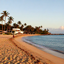 Caribbean Holidays, Puerto Rico Cruises, A tropical Puerto Rican beach with calm turquoise water, golden sand, palm trees and visitors enjoying a peaceful September afternoon