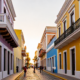 Caribbean Holidays, Puerto Rico Cruises, Colourful colonial buildings and cobbled streets in Old San Juan, Puerto Rico, with visitors exploring in warm morning sunshine