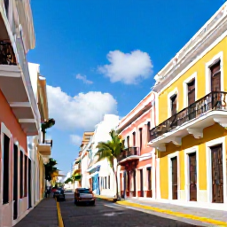 Caribbean Holidays, Puerto Rico Cruises, Colourful historic buildings and cobbled streets in Old San Juan with palm trees and visitors exploring in January