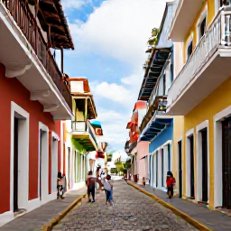 Caribbean Holidays, Puerto Rico Cruises, Colourful Old San Juan street with colonial buildings, balconies, cobbled paving and people exploring in June