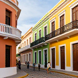 Caribbean Holidays, Puerto Rico Cruises, Colourful Old San Juan street with pastel buildings, balconies, cobbled paving and visitors exploring in warm daylight