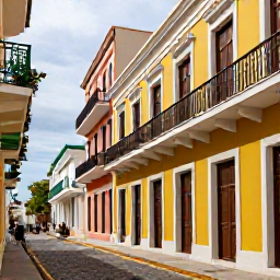 Caribbean Holidays, Puerto Rico Cruises, Colourful Old San Juan street with pastel buildings, cobbled pavement, balconies and visitors exploring in warm daylight