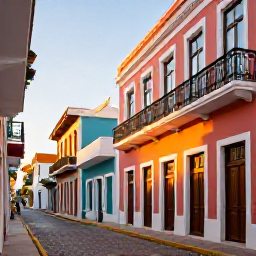 Caribbean Holidays, Puerto Rico Cruises, Colourful Old San Juan street with pastel colonial buildings, balconies and cobbled paving in warm afternoon light