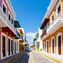 Caribbean Holidays, Puerto Rico Cruises, Colourful Old San Juan street with Spanish colonial buildings, balconies and cobbled paving under clear Caribbean skies