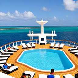 Caribbean Holidays, Puerto Rico Cruises, Cruise passengers enjoying a sunny ship deck with swimming pool, loungers and views across the turquoise Caribbean Sea