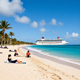 Caribbean Holidays, Puerto Rico Cruises, Cruise passengers relaxing on a golden Caribbean beach in Puerto Rico, with turquoise water, palm trees and a bright blue sky