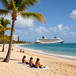 Caribbean Holidays, Puerto Rico Cruises, Cruise passengers relaxing on a golden Puerto Rico beach beside clear turquoise water and swaying palm trees