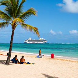 Caribbean Holidays, Puerto Rico Cruises, Cruise passengers relaxing on a sunny Puerto Rican beach with turquoise water, palm trees and soft golden sand